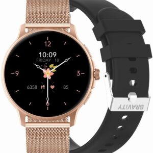 Smartwatch Damski GRAVITY GT12-4 Czarny Pasek Silikonowy + Bransoleta Różowe Złoto