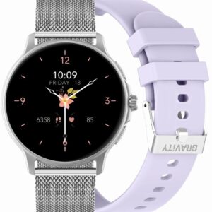 Smartwatch Damski GRAVITY GT12-6 Fioletowy Pasek Silikonowy + Srebrna Bransoleta
